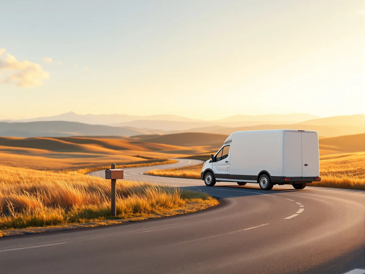 A plain delivery van on a quiet rural road — extended delivery areas carry a small surcharge