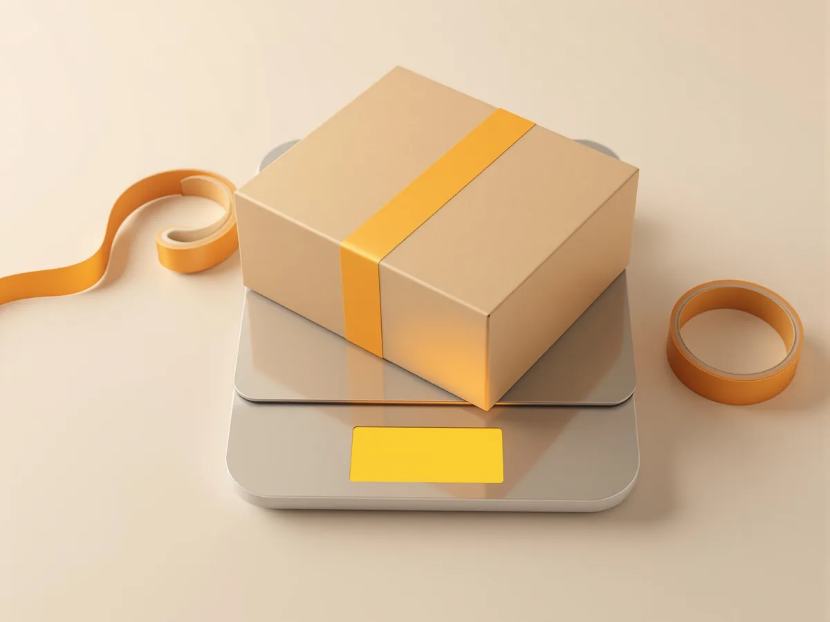 A parcel on a digital shipping scale next to a tape measure — actual weight versus dimensional weight